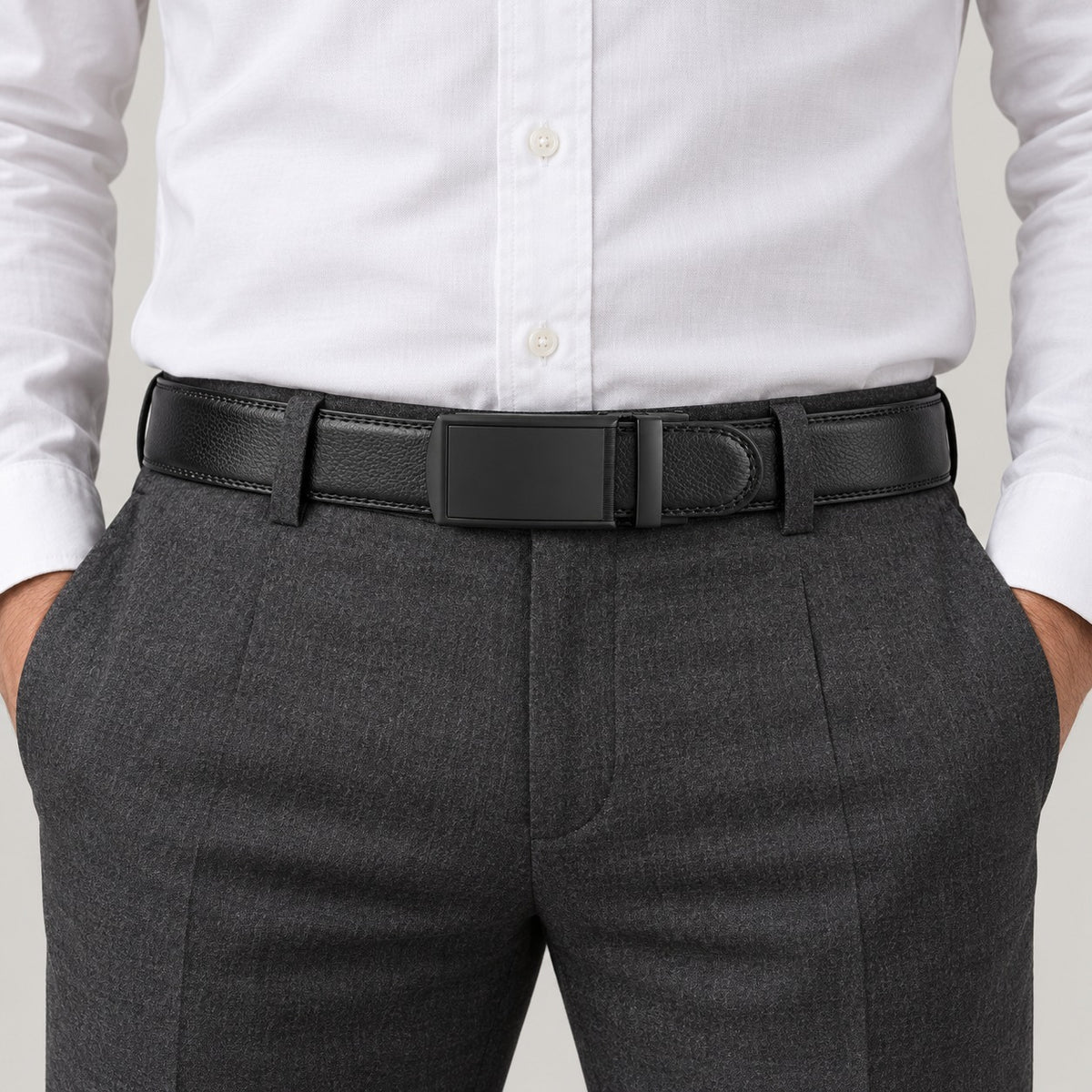 Leather Ratchet Belt, Slim Buckle – Men – Black · Black Plate Buckle – worn