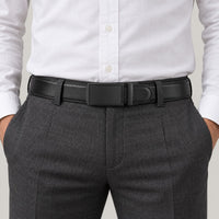 Leather Ratchet Belt, Slim Buckle – Men – Black · Black Plate Buckle – worn