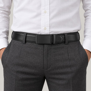 Leather Ratchet Belt, Slim Buckle – Men – Black · Black Plate Buckle – worn
