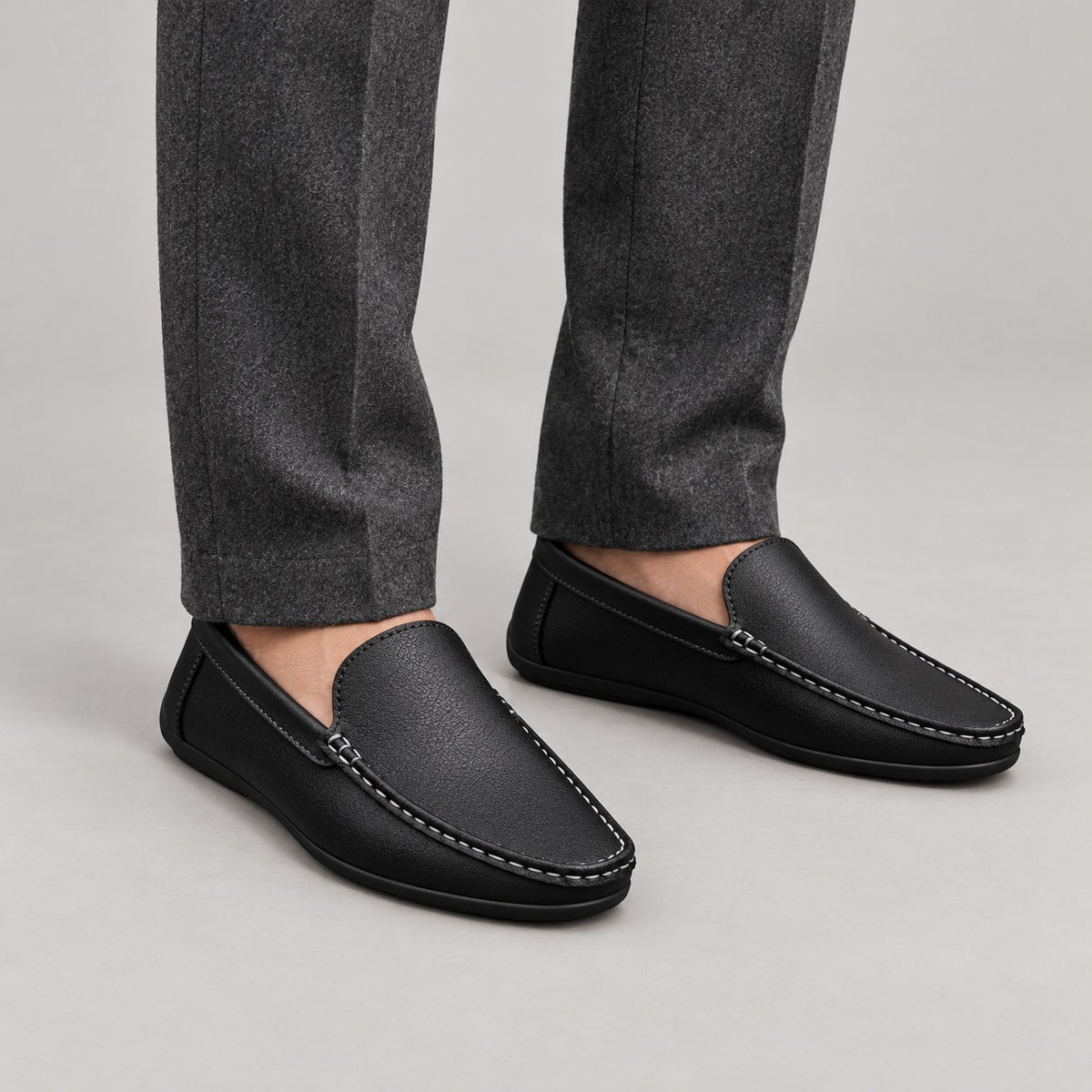 Leather-Look Driving Loafers – Men – Black – worn