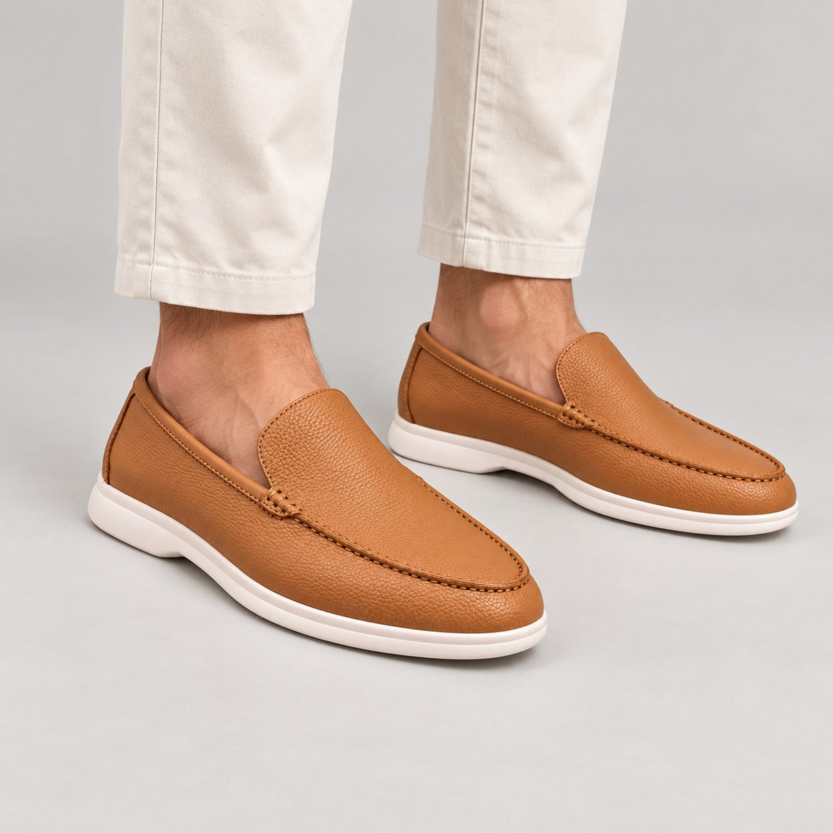 Pebbled Leather-Look Loafers – Men – Tan – worn