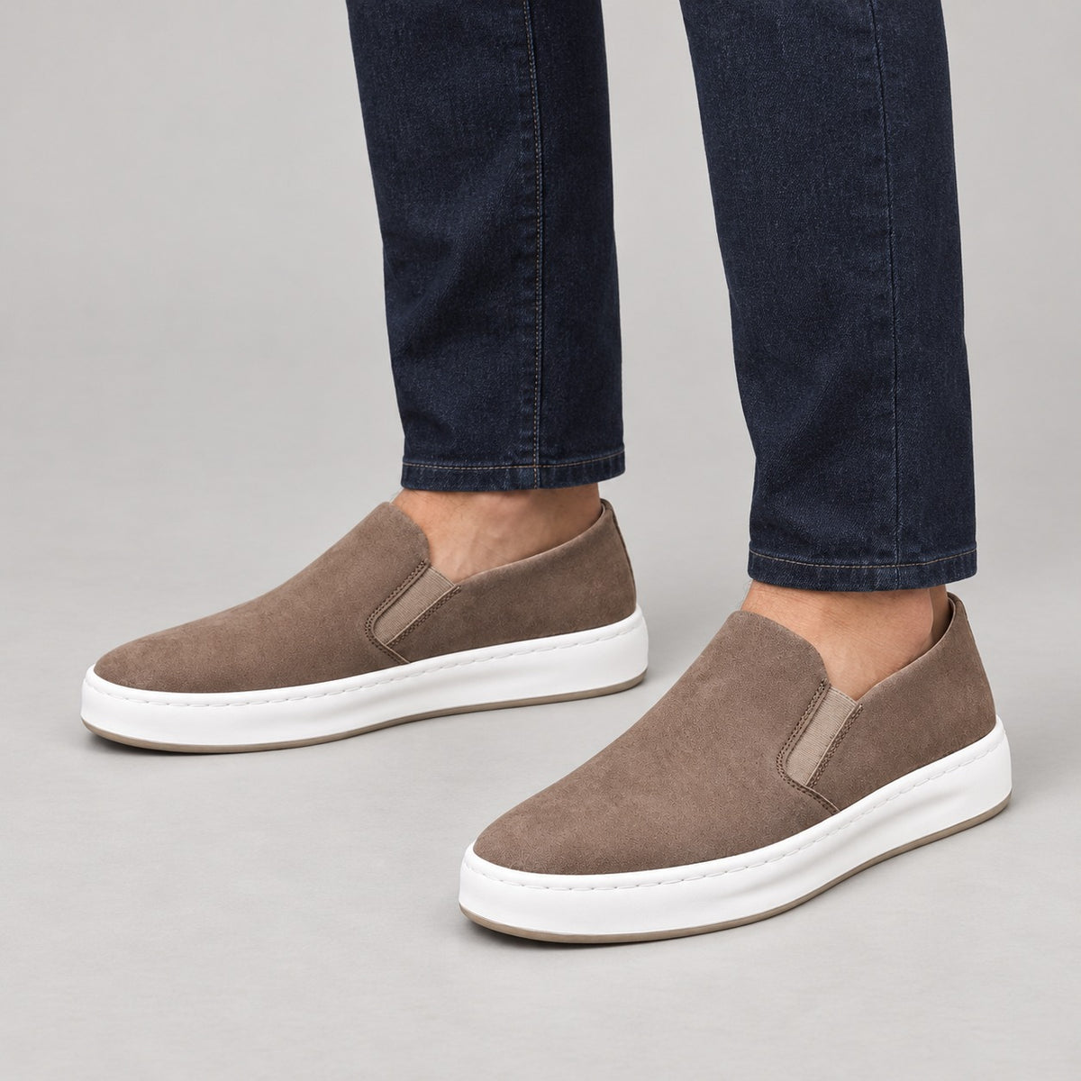 Suede-Look Slip-On Shoes, Cup Sole – Men – Stone – worn