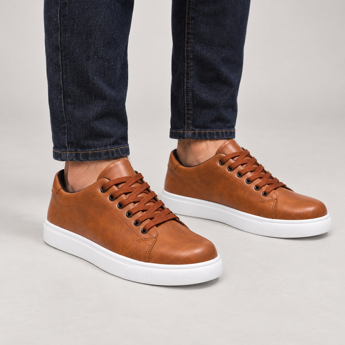Leather-Look Low-Top Sneakers – Men – Brown – worn