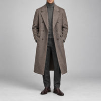 70% Wool Herringbone Double-Breasted Overcoat – Men – Brown – worn