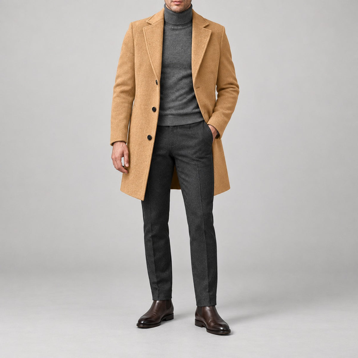Single-Breasted Mid-Length Coat, Wool-Look – Men – Camel – worn