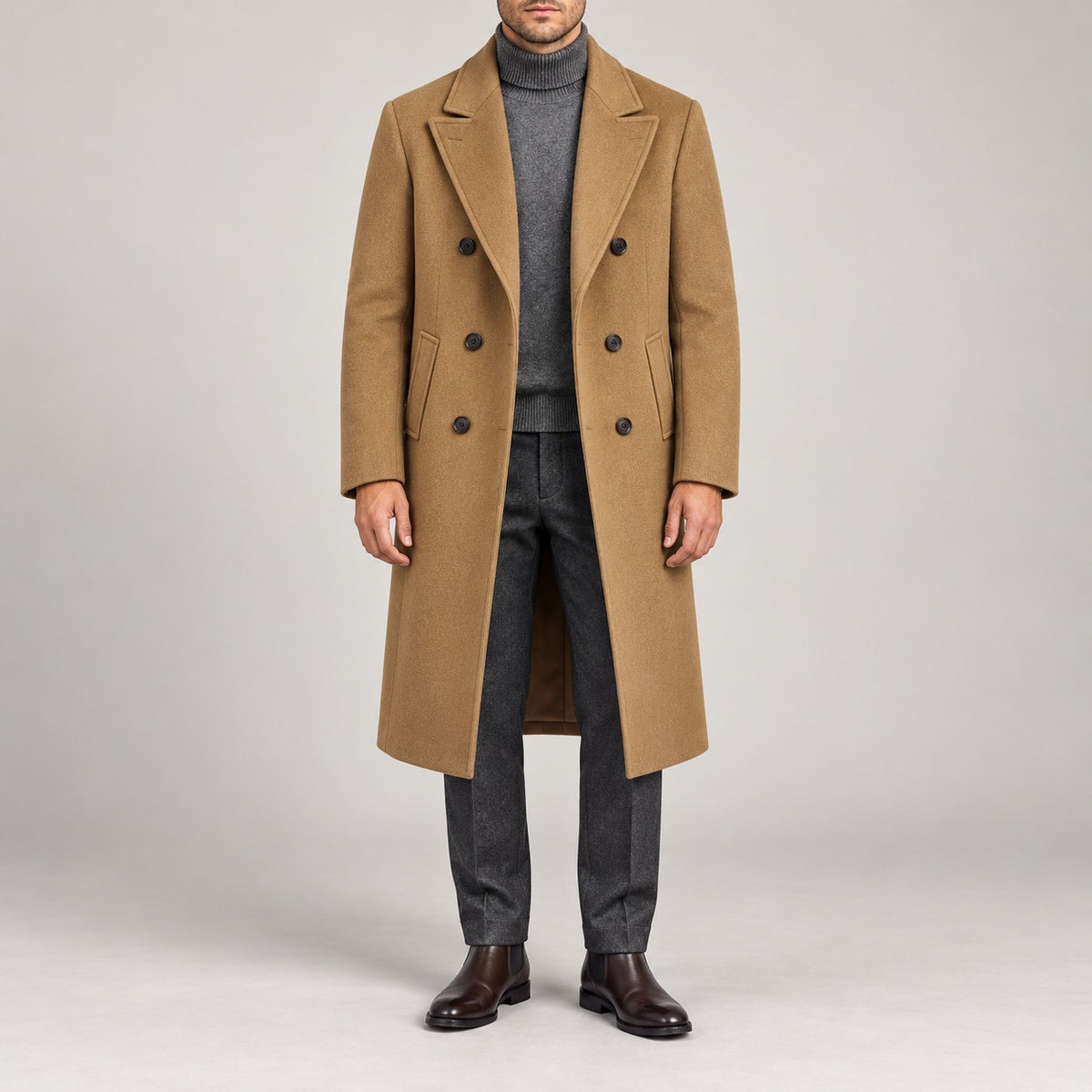 30–50% Wool Double-Breasted Overcoat – Men – Camel – worn