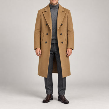 30–50% Wool Double-Breasted Overcoat – Men – Camel – worn