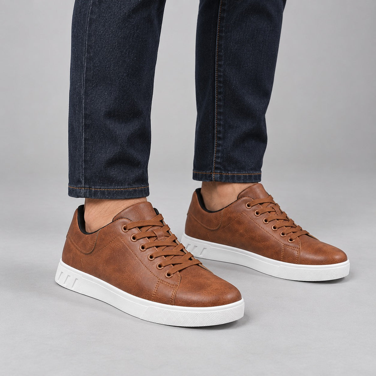 Leather-Look Cupsole Sneakers – Men – Brown – worn