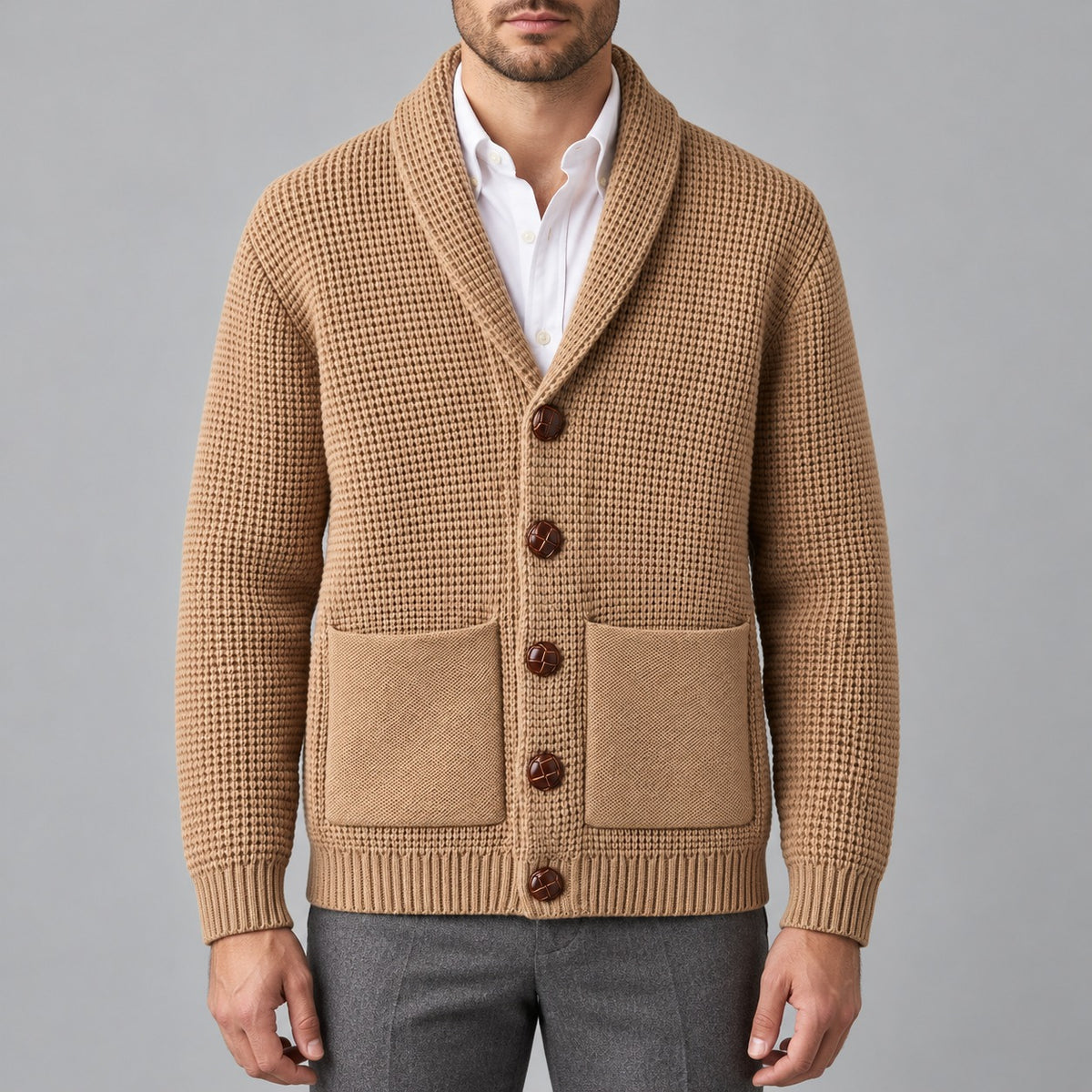 Waffle-Knit Shawl Collar Cardigan – Men – Camel – worn