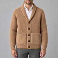Waffle-Knit Shawl Collar Cardigan – Men – Camel – worn