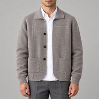 100% Wool Knit Shirt-Collar Cardigan – Men – Stone – worn