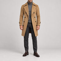 Slim Double-Breasted Long Coat – Men – Camel – worn