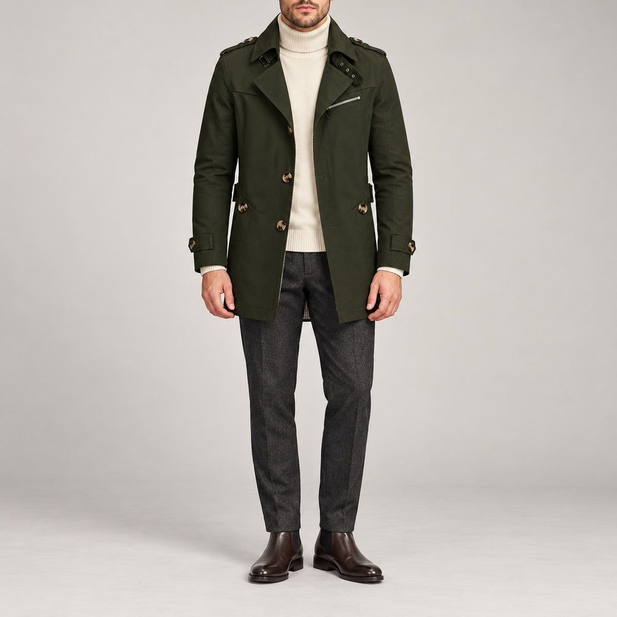 95% Cotton Mid-Length Jacket – Men – Olive – worn