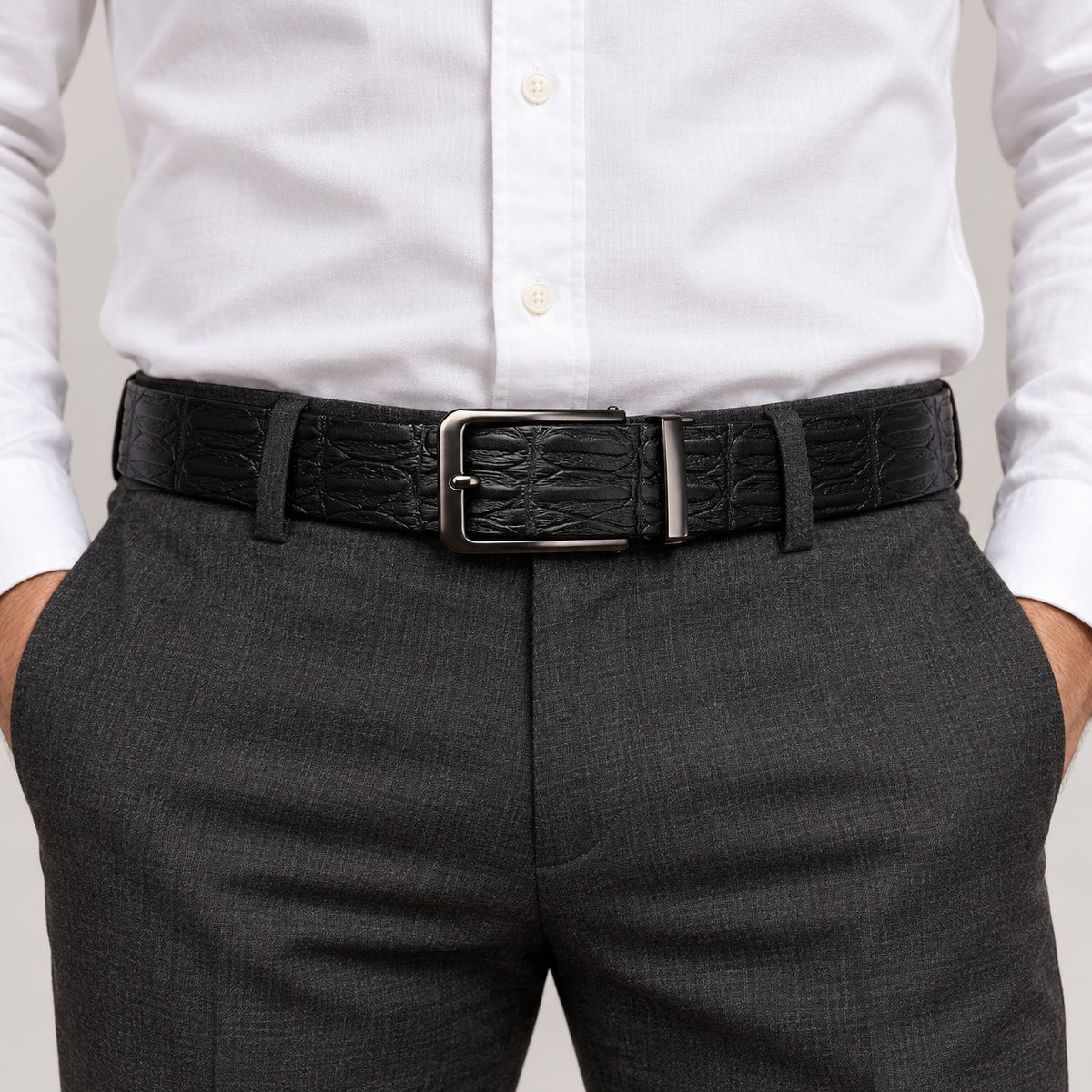 Croc-Embossed Leather Belt, Pin Buckle – Men – Black – worn