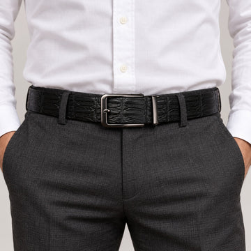 Croc-Embossed Leather Belt, Pin Buckle – Men – Black – worn