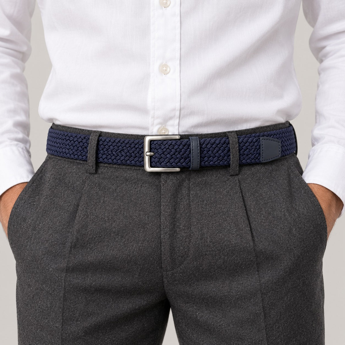 Braided Stretch Belt, Pin Buckle – Men – Navy – worn
