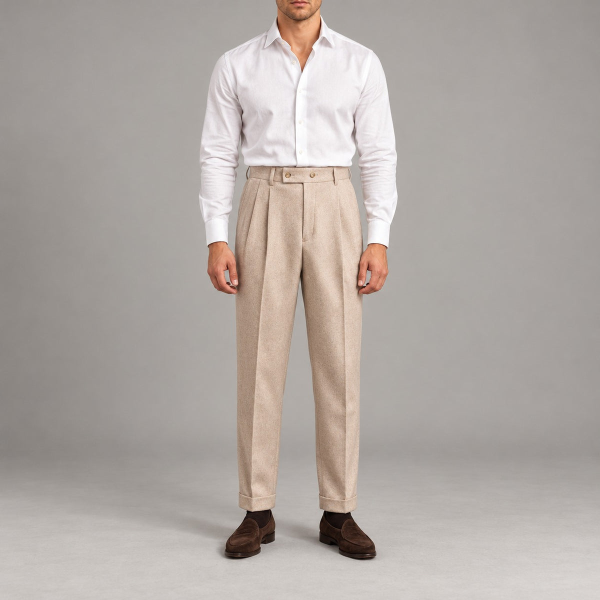 Pleated Flannel-Look Trousers, Tab Waist – Men – Beige – worn