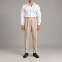 Pleated Flannel-Look Trousers, Tab Waist – Men – Beige – worn