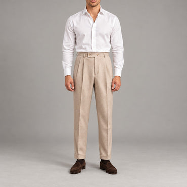 Pleated Flannel-Look Trousers, Tab Waist – Men – Beige – worn