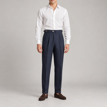 High-Waist Gurkha Trousers, Side Adjusters – Men – Navy – worn