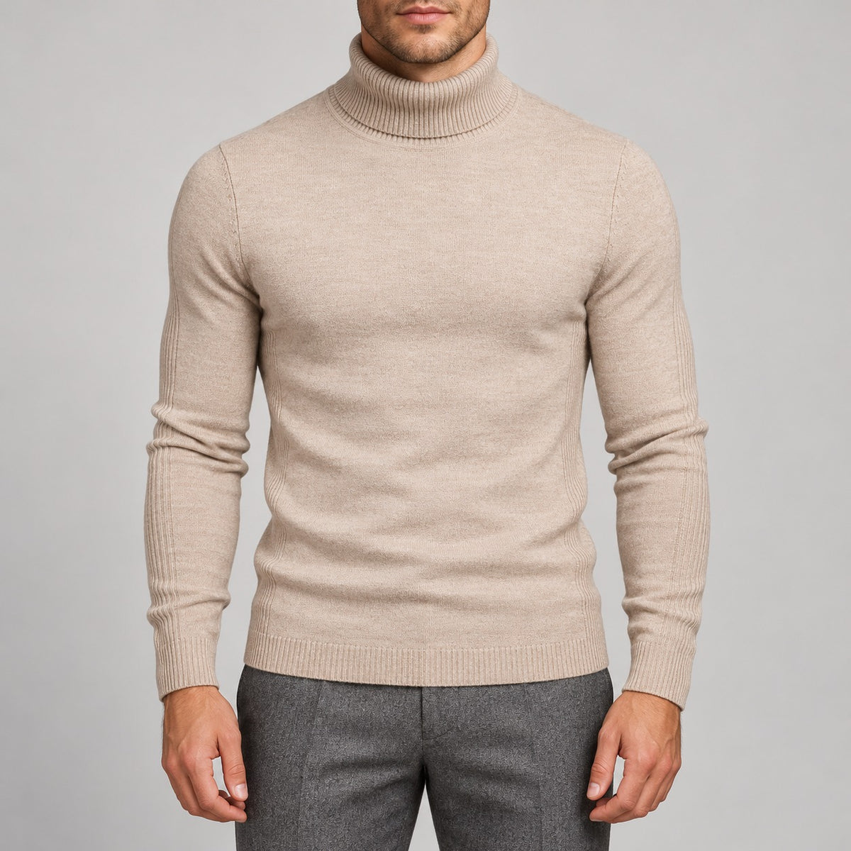 Fine-Knit Roll-Neck Sweater – Men – Beige – worn