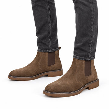 Suede Chelsea Boots, Cowhide, Fleece Option – Men – Brown – worn