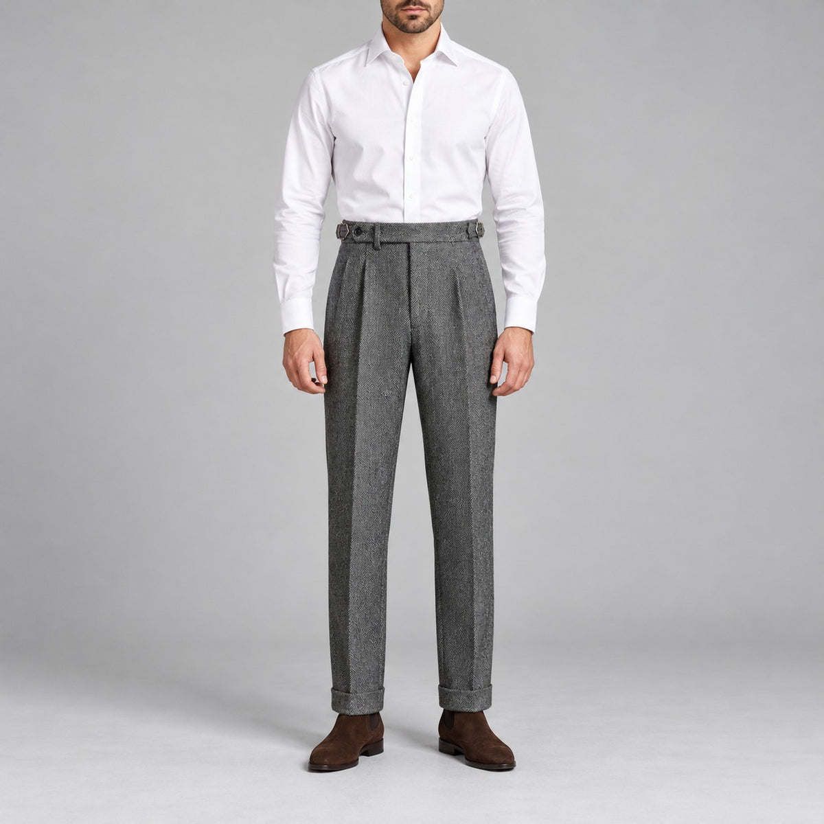 Herringbone Tweed-Look Double-Pleat Trousers, Side Adjusters – Men – Charcoal – worn