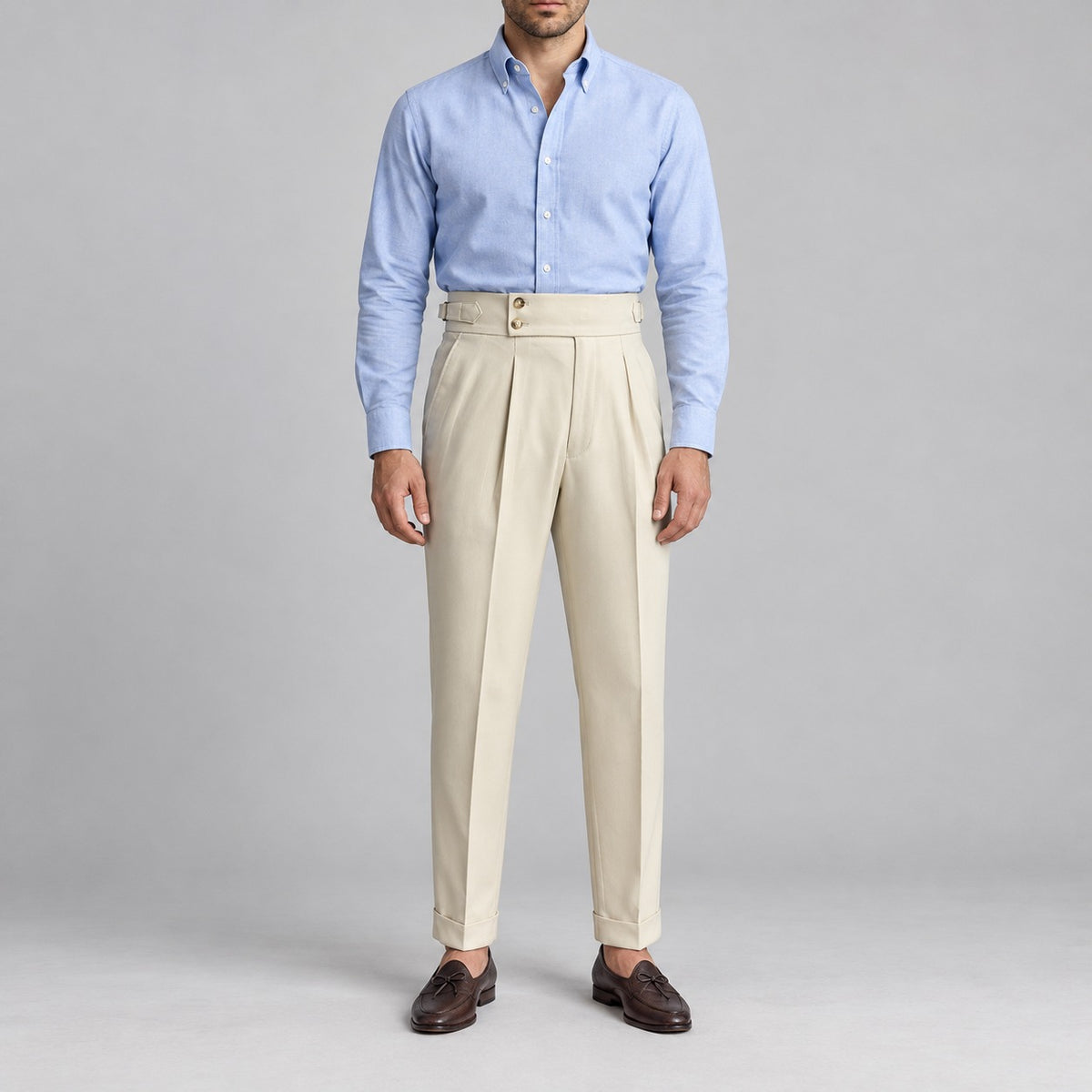 Wrinkle-Free High-Waist Pleated Trousers, Double-Button Tab – Men – Beige – worn