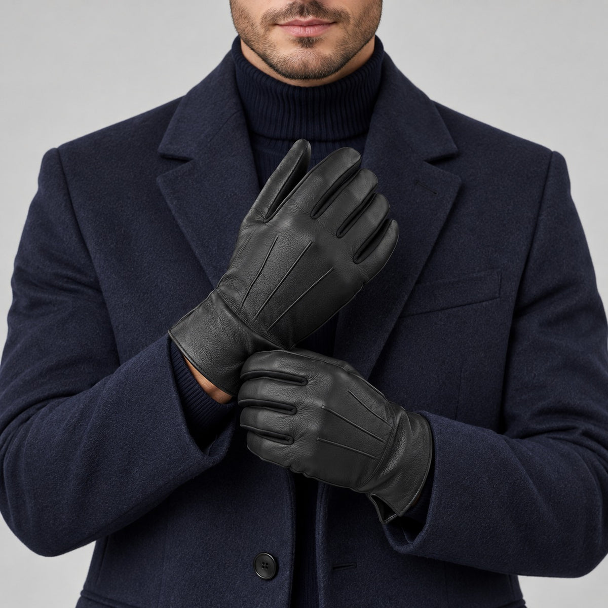 Leather-Look Touchscreen Gloves, Fleece-Lined – Men – Black – worn