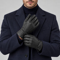 Leather-Look Touchscreen Gloves, Fleece-Lined – Men – Black – worn
