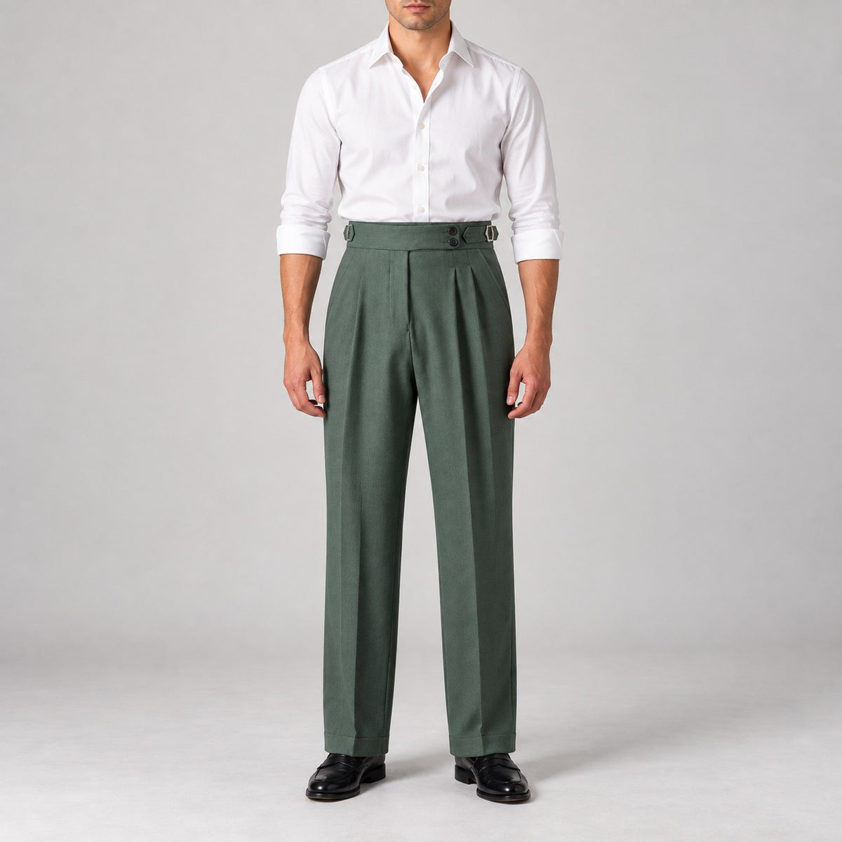 High-Waist Pleated Trousers, Side Buckles & Paris Tab – Men – Forest Green – worn
