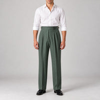 High-Waist Pleated Trousers, Side Buckles & Paris Tab – Men – Forest Green – worn