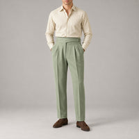 Extended-Tab Pleated Trousers, Side Buckle, No-Iron – Men – Olive – worn