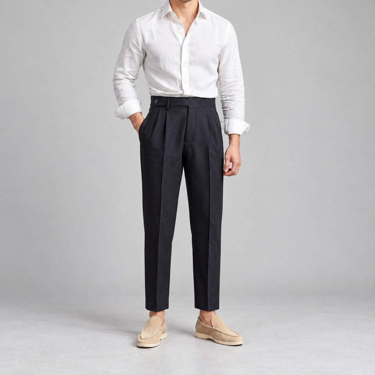 High-Waist Cropped Pleated Trousers, Button Tab – Men – Navy – worn