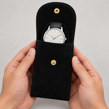Velvet Watch Pouch, Snap Closure – Men – Black – worn