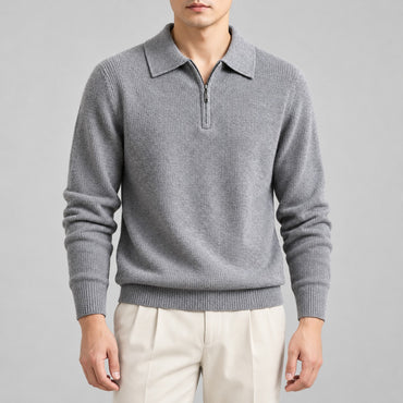 Quarter-Zip Knit Polo Sweater – Men – Grey – worn