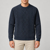 Fleece-Lined Chenille Cable Knit Crew Neck – Men – Navy – worn