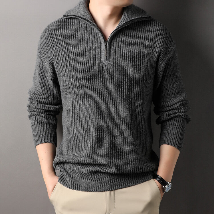 Chunky Rib Half-Zip Sweater, Fold-Down Collar – Men – Charcoal – worn