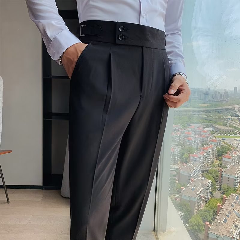 High-Waist Pleated Trousers, Double-Button Waist – Men – Black – front