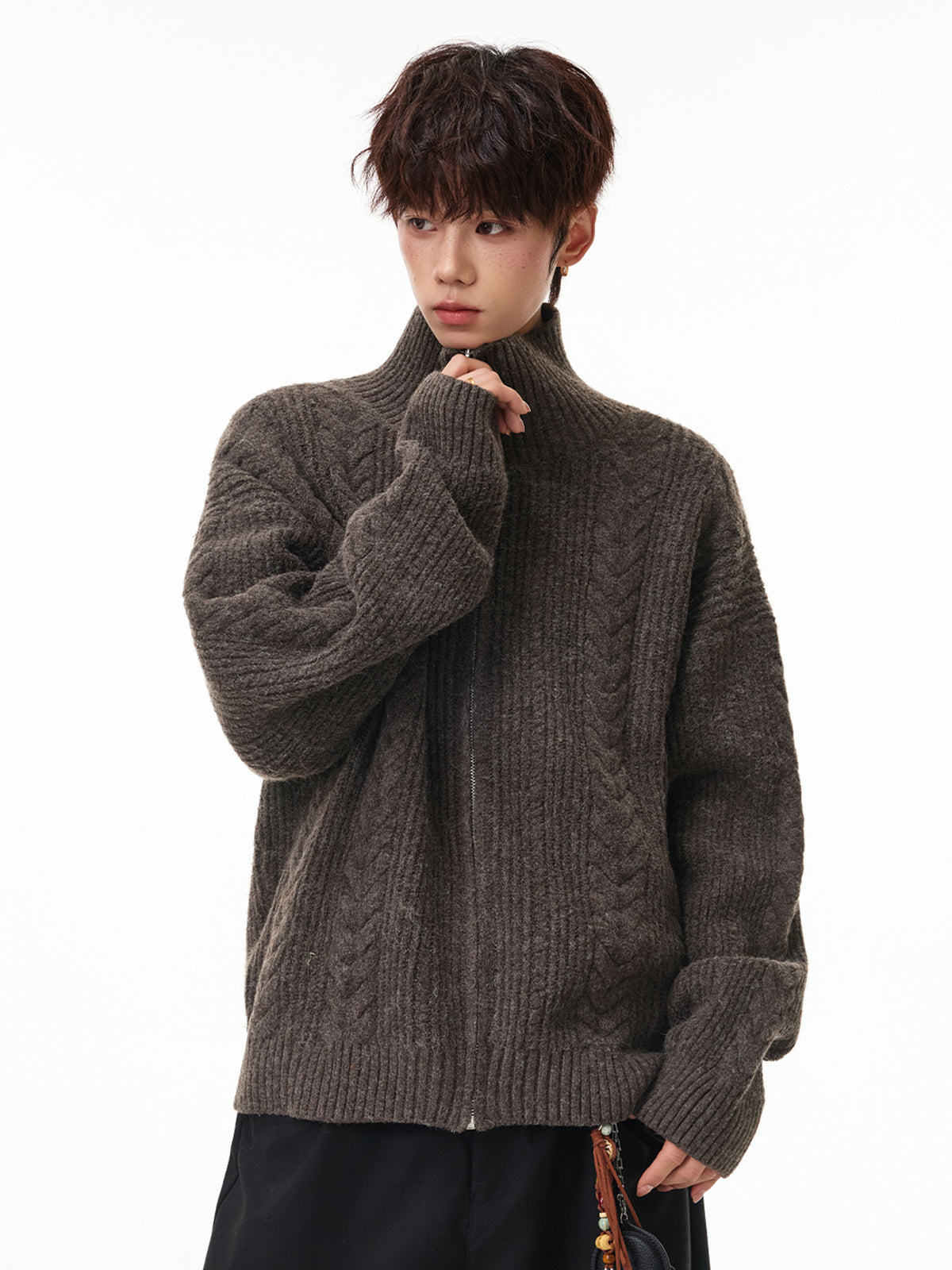 Cable Knit Zip Cardigan, Stand Collar, Relaxed Fit – Men – Chocolate – worn