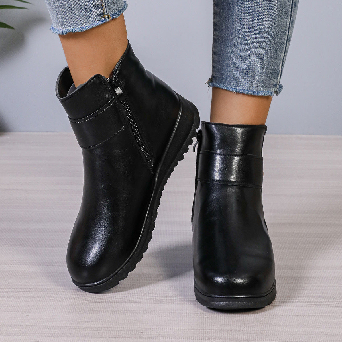 Fleece-Lined Faux-Leather Ankle Boots – Women – Black – side zip