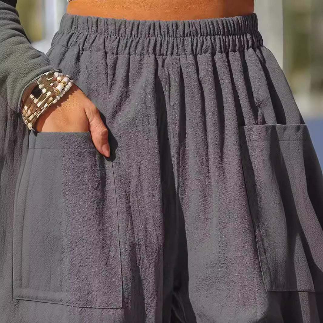 100% Polyester Elastic-Waist Relaxed Trousers – Women – Grey – pocket close-up