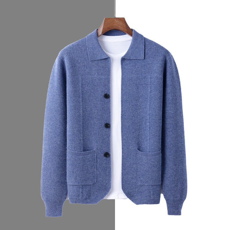 100% Wool Knit Shirt-Collar Cardigan – Men – Light Blue – front