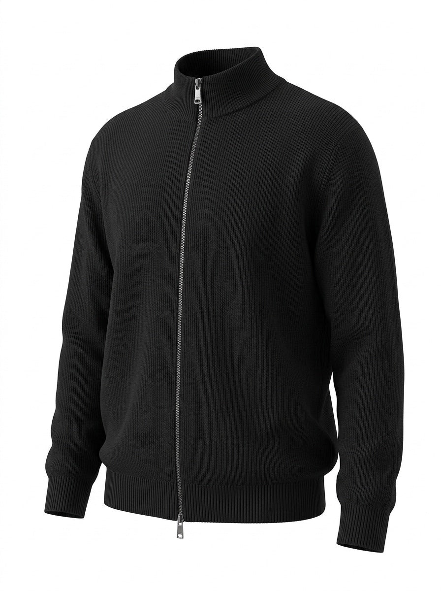 Stand-Collar Zip Knit Cardigan – Men – Black – flat front
