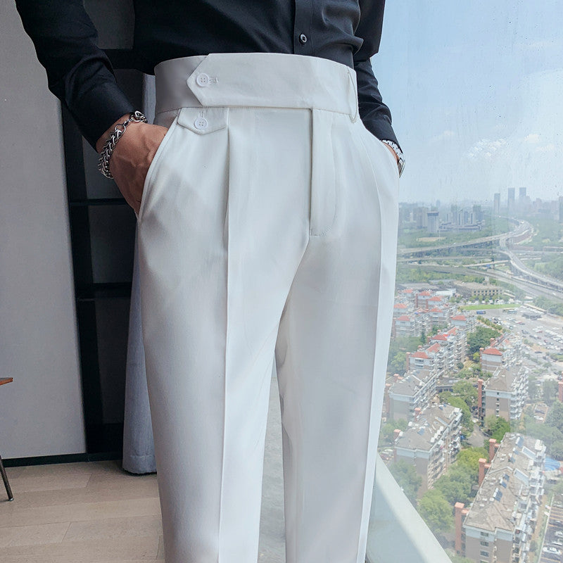 Pleated Trousers, Extended Tab Waist, Cropped Leg – Men – White – waist detail