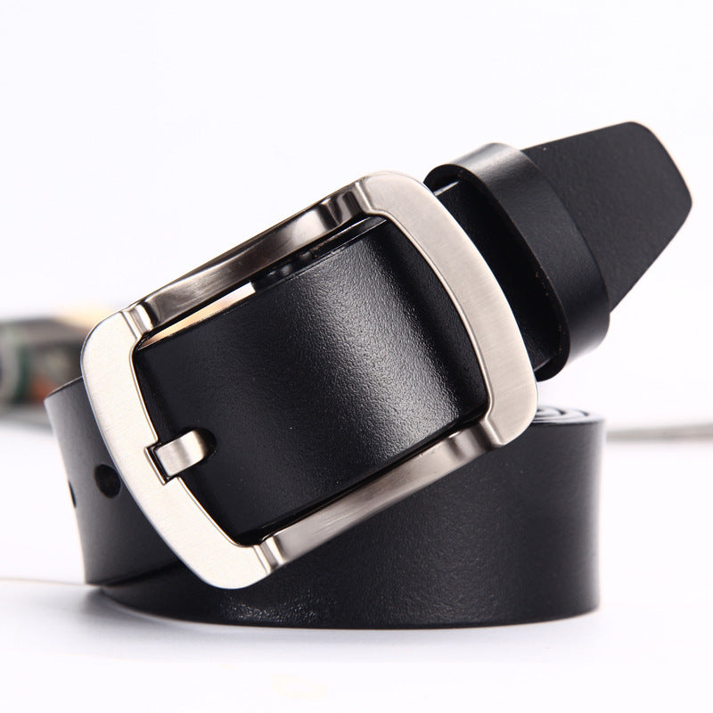Wide Leather Belt, Brushed Buckle – Men – Black · Rounded Buckle – front