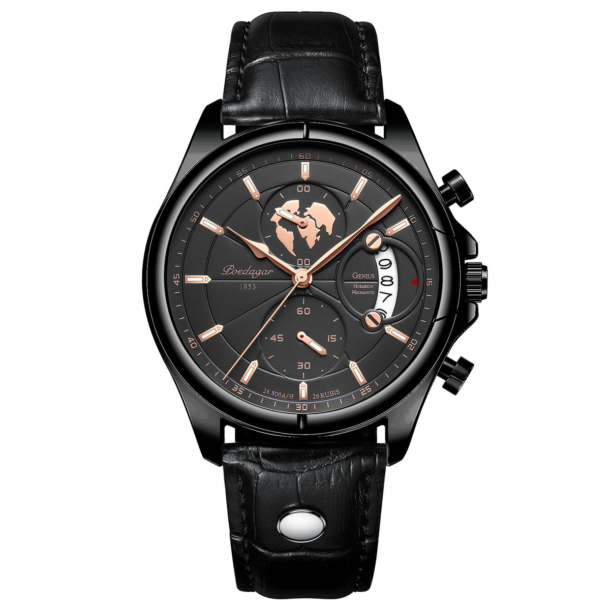 Chronograph Watch, Sapphire Glass, Leather or Steel – Men – Black · Black Dial · Black Leather – front