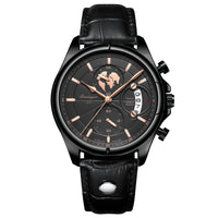 Chronograph Watch, Sapphire Glass, Leather or Steel – Men – Black · Black Dial · Black Leather – front