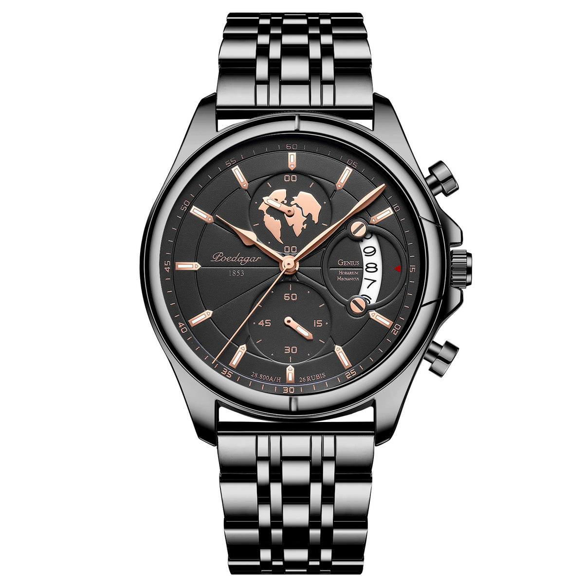 Chronograph Watch, Sapphire Glass, Leather or Steel – Men – Black · Black Dial · Steel Bracelet – front
