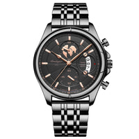 Chronograph Watch, Sapphire Glass, Leather or Steel – Men – Black · Black Dial · Steel Bracelet – front